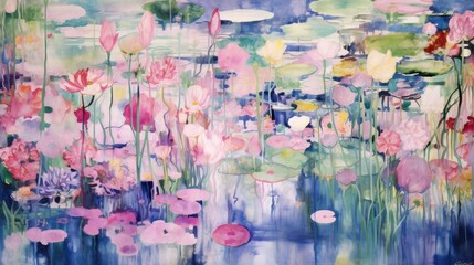  a painting of water lilies and lily pads in a pond with lily pads in the foreground and water lilies in the background.