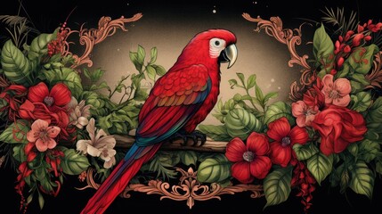  a painting of a red parrot sitting on a branch with red flowers and green leaves on a black background with a gold frame.