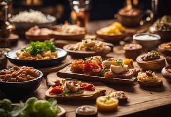 Tapas from Spain varied mix of most popular tapa mediterranean food on wooden table
