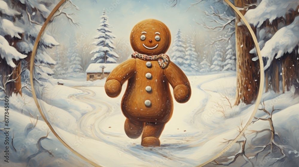 Poster a painting of a ginger walking through a snow covered forest with a circle frame in the middle of th