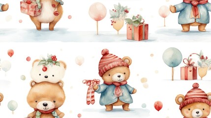 Obraz na płótnie Canvas a set of four pictures of a teddy bear with a gift box and a bear with a hat and scarf.