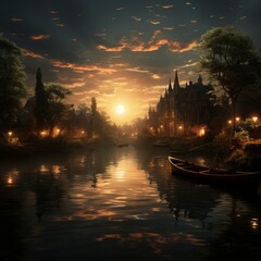 sunset on the river, in a city with a rowing boat, generative ai 