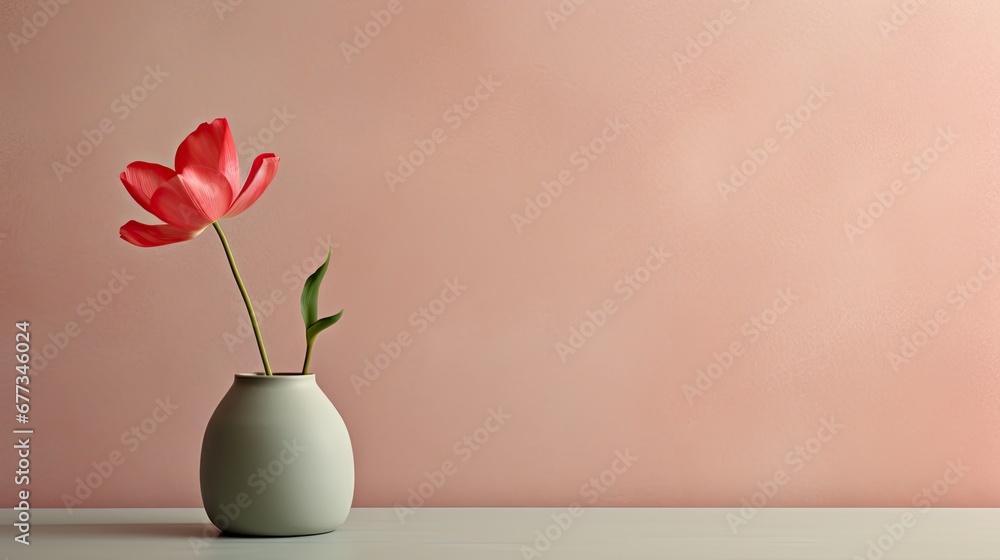 Poster a vase with a single red flower in it on a table next to a pink wall and a white vase with a single 