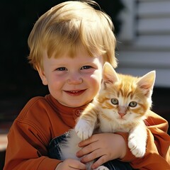 AI-generated illustration of an outdoor portrait of a young boy holding his pet cat. MidJourney.