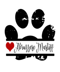 Abruzzese Mastiff dog paw print graphic illustration with a black grunge paw and red heart on white background.