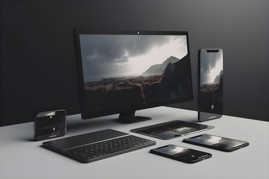 Responsive design mockup. Desktop computer. smartphone. tablet and laptop on table. 3D rendering.