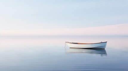  a small white boat floating on top of a large body of water with a blue sky in the back ground.