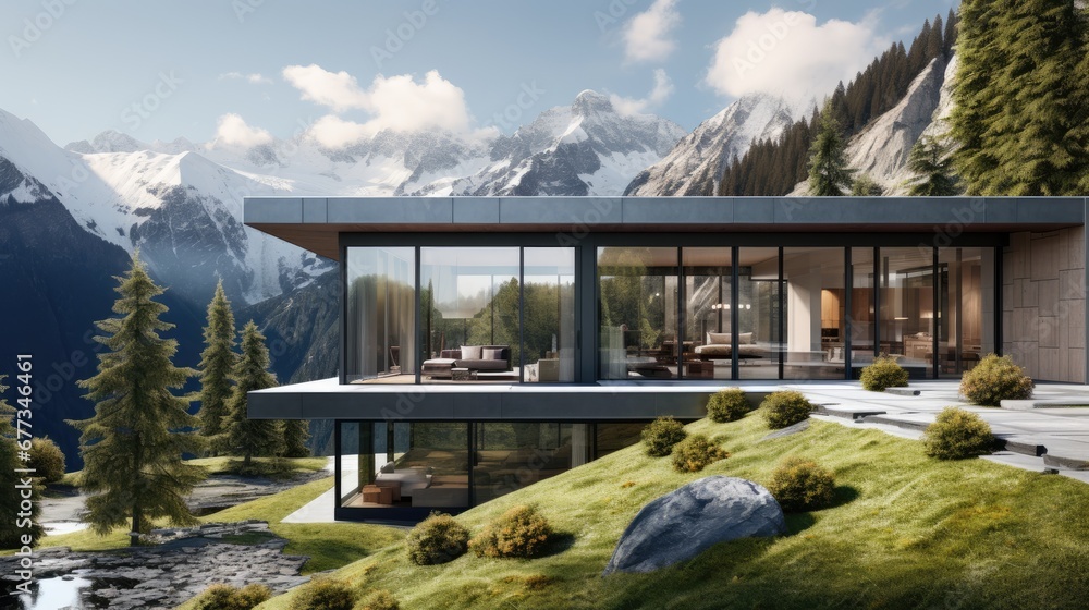 Poster a rendering of a house in the mountains with a view of a lake and a mountain range in the background
