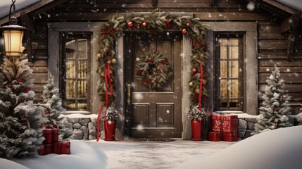  a winter scene of a house with a christmas wreath on the front door and presents in front of the front door.