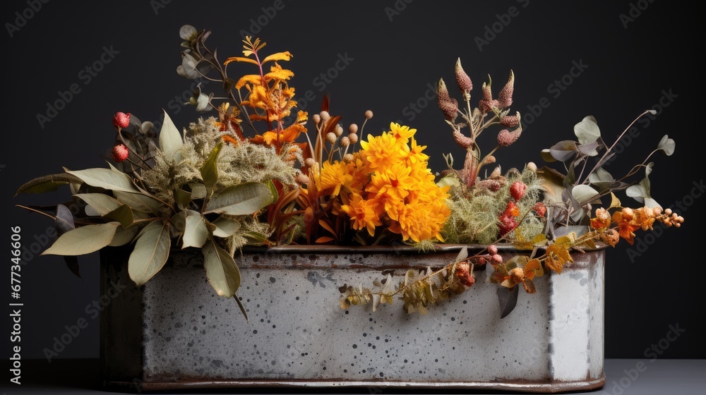 Poster a planter filled with lots of different types of flowers on top of a table in front of a black backg