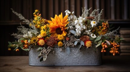  a close up of a metal container with flowers and leaves on a wooden table with a wall in the background.