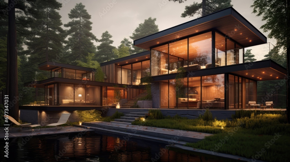 Poster a rendering of a house in the middle of a forest with a lake in the foreground and a dock in the for
