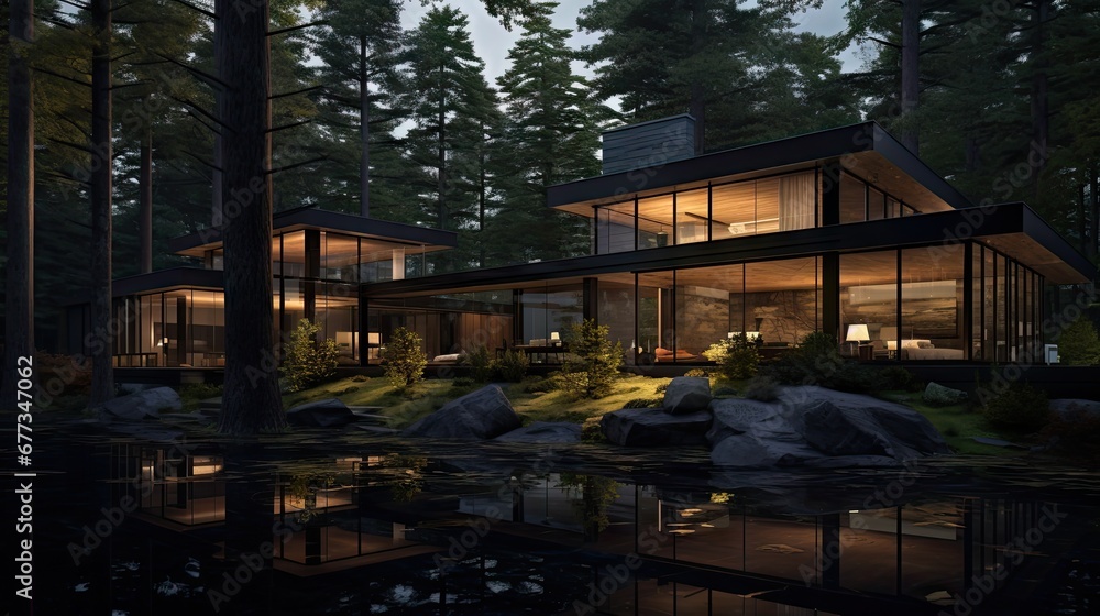 Poster a house in the middle of a forest with a lake in front of it and a lot of trees around it.
