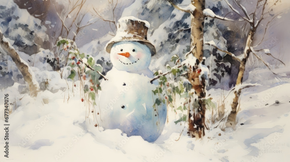 Poster a painting of a snowman standing in the snow in front of a tree with berries and berries on it.