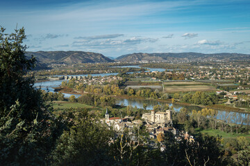 Rhone vallee aerial view with Chateaubourg village in a foreground during autumn season