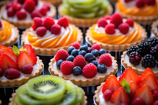 Colorful fruit tarts in a bright display