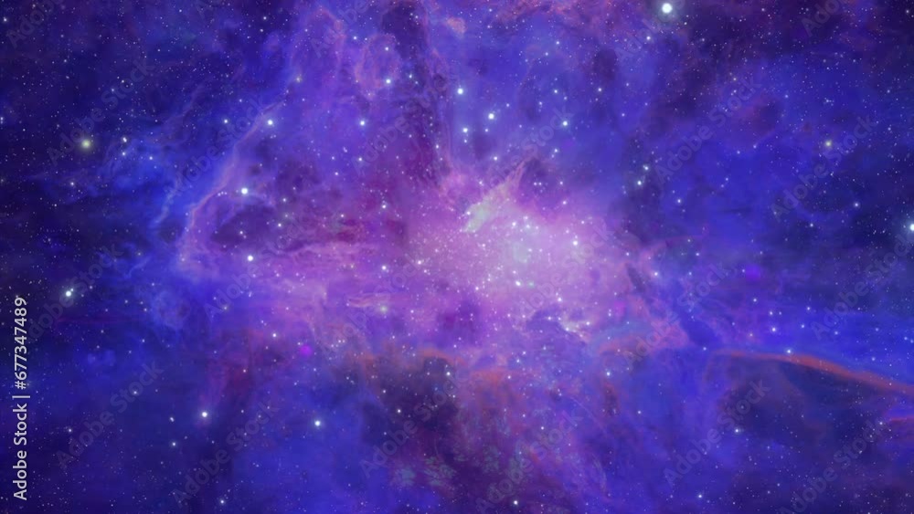 Wall mural looping animation of flying through glowing nebulae clouds and stars field. seamless loop galaxy exp