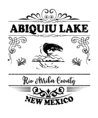 Abiquiu Lake New Mexico in Rio Arriba County New Mexico graphic illustration in a retro vintage vibe with black text on white background.  Has a fish on the design, great for travel topics.