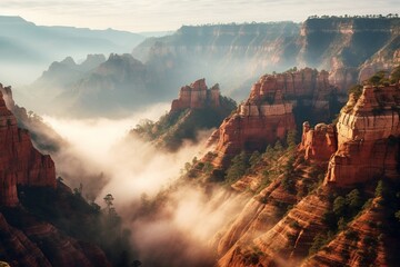 Canyon filled with morning mist, revealing only the tips of the tallest spires - obrazy, fototapety, plakaty