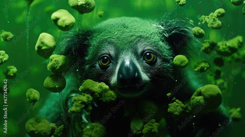 Poster a close up of a dog in a green background with algae on the bottom of its head and on the bottom of 
