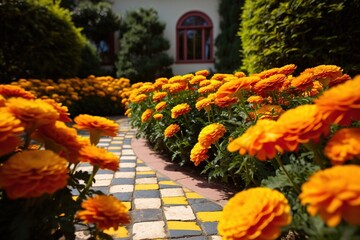Checkerboard garden squares alternating marigolds and salvia - obrazy, fototapety, plakaty