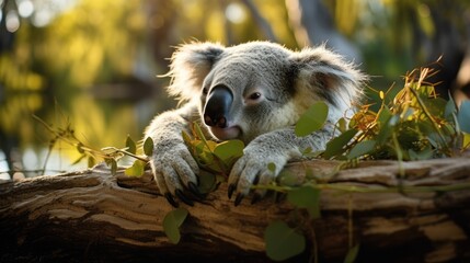  a close up of a koala sitting on a tree branch with leaves on it's sides and a body of water in the background.