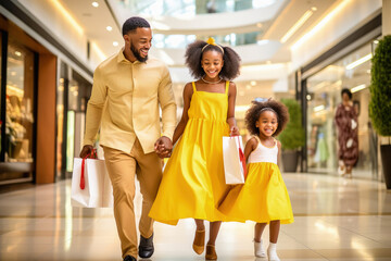 Happy African American family shopping at the supermarket. Dressed in summer yellow clothes.