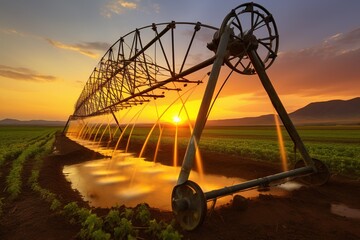 Circular irrigation system over a vibrant cornfield at sunset