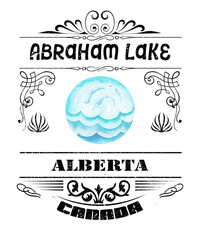 Abraham Lake Alberta Canada graphic illustration in a vintage retro style with black text on a white background.  Located in Banff National park, popular travel location.