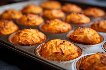 Carrot muffins arranged in a neat row on baking sheet