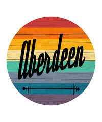Aberdeen graphic illustration in a colorful vintage vibe on white background. Aberdeen is a city or town in many states and nations in the world, for this travel graphic.