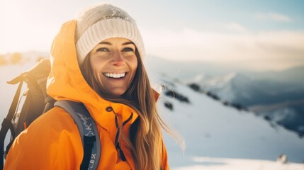 Fototapeta na wymiar Portrait of beautiful woman with ski suit in winter mountain