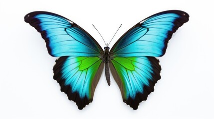  a blue and green butterfly sitting on top of a white surface with its wings spread out and wings...