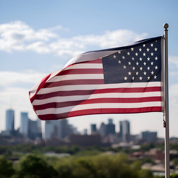 American flag waving in the wind on a background of the city.