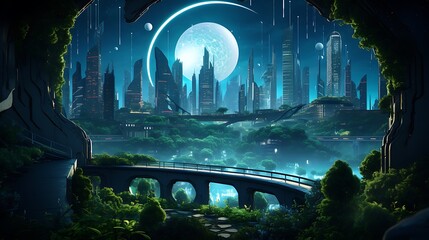 Futuristic cityscape blending with organic forms, illustrating the intersection of technology and nature, with neon lights and lush greenery