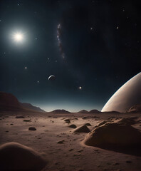3D rendering of an alien planet in space with stars and moon