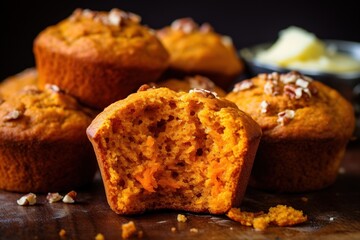 Carrot muffins with a bite taken out, showing texture