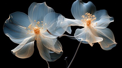  two white flowers with yellow stamens on a black background, with a black background to the left and right of the image.