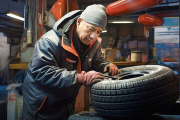 A man mechanic changes summer tires to winter tires on a car.