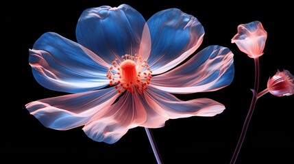  a close up of a flower on a black background with a blue center and a red stamen in the middle.