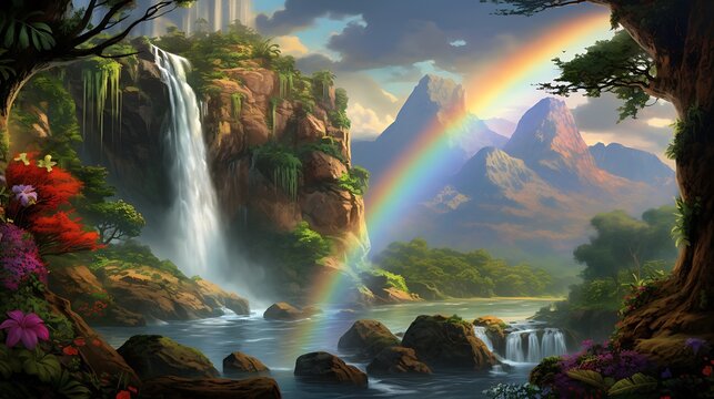 A lush rainforest canopy viewed from above, showcasing a tapestry of vibrant greens, exotic birds in flight, and a hidden waterfall cascading into a secluded pool - Powered by Adobe