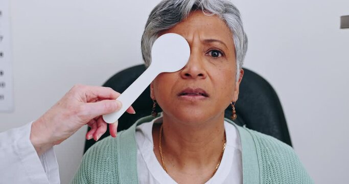 Eye exam, patient or face of women with optometrist hands cover vision for test, ocular support or medical consultation. Portrait, optometry equipment and expert check client for optical strabismus