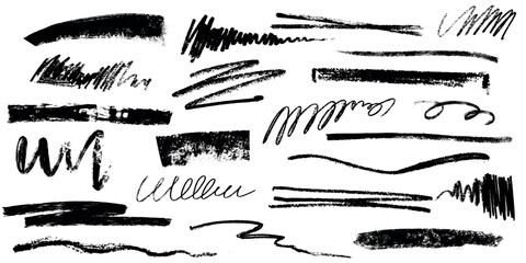 Hand drawn charcoal pencil lines, smears and squiggles set. Scribble black strokes, curly scribbles. Grungy graphite pen art brushes, textured doodle freehand chalk drawing line stripes and waves. - obrazy, fototapety, plakaty