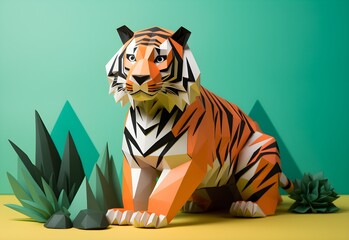 Paper cut forest tiger looking on jungle, tiger on a modern color background, papercut craft 3d illustration, geometric figure, origami, Asian culture