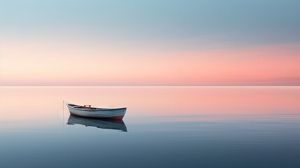  a small boat floating on top of a body of water under a pink and blue sky with a few clouds.