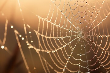 Close-up of a delicate spider web with dew, illuminated by morning light