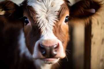 Close-up of a little cow's face, with expressive eyes