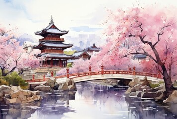 Tranquil Japanese Garden with Red Bridge, Cherry Blossoms, and Pagoda