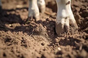 Close-up of a little cow&rsquo;s hooves in soft soil