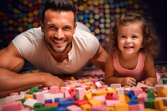 Happy father plays with his daughter with toys. The concept of child development and education.